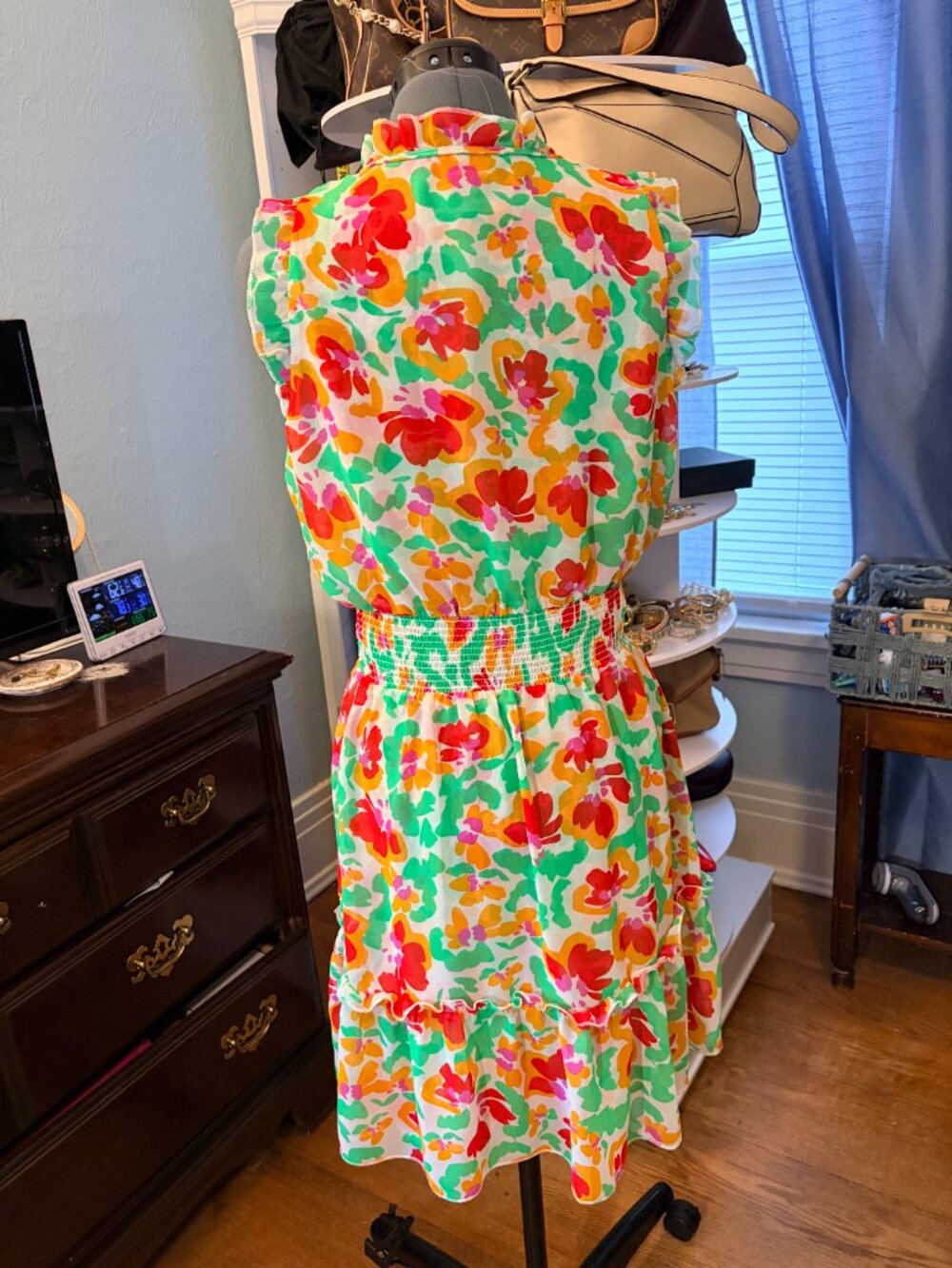 Cabi Floral Smocked Waist Dress Cottagecore Holiday Ruffle Midi Summer Resort - Picture 2 of 11